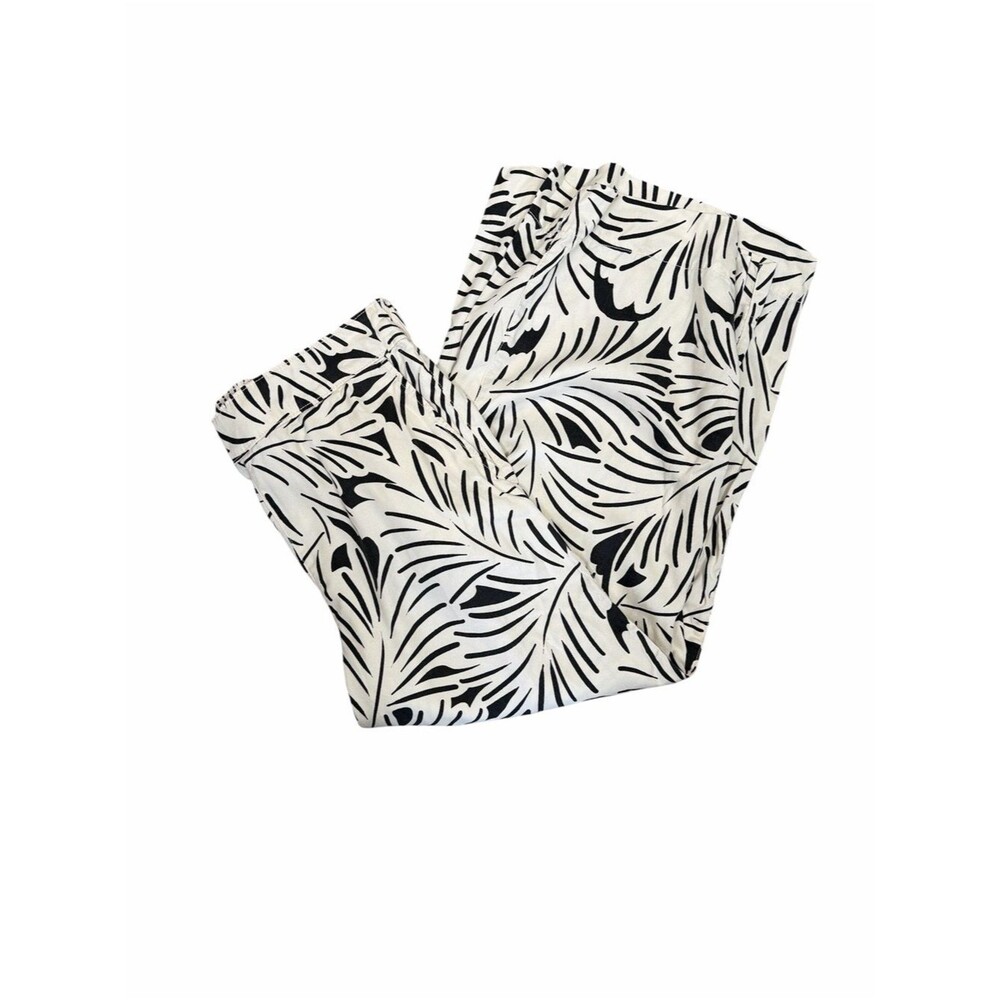 Nicole Miller New York Tropical Leaf Wide Leg Pants Black White Lyocell Pull On